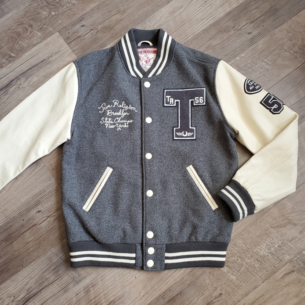 True Religion Letterman's Leather Jacket, Large